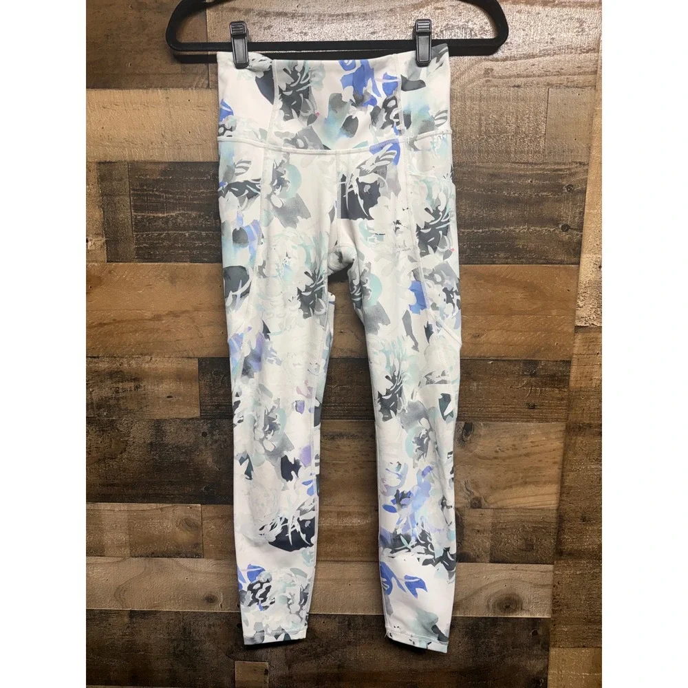 Athleta Salutation Stash Floral Watercolor High Rise Leggings Blue XS 7/8 Length